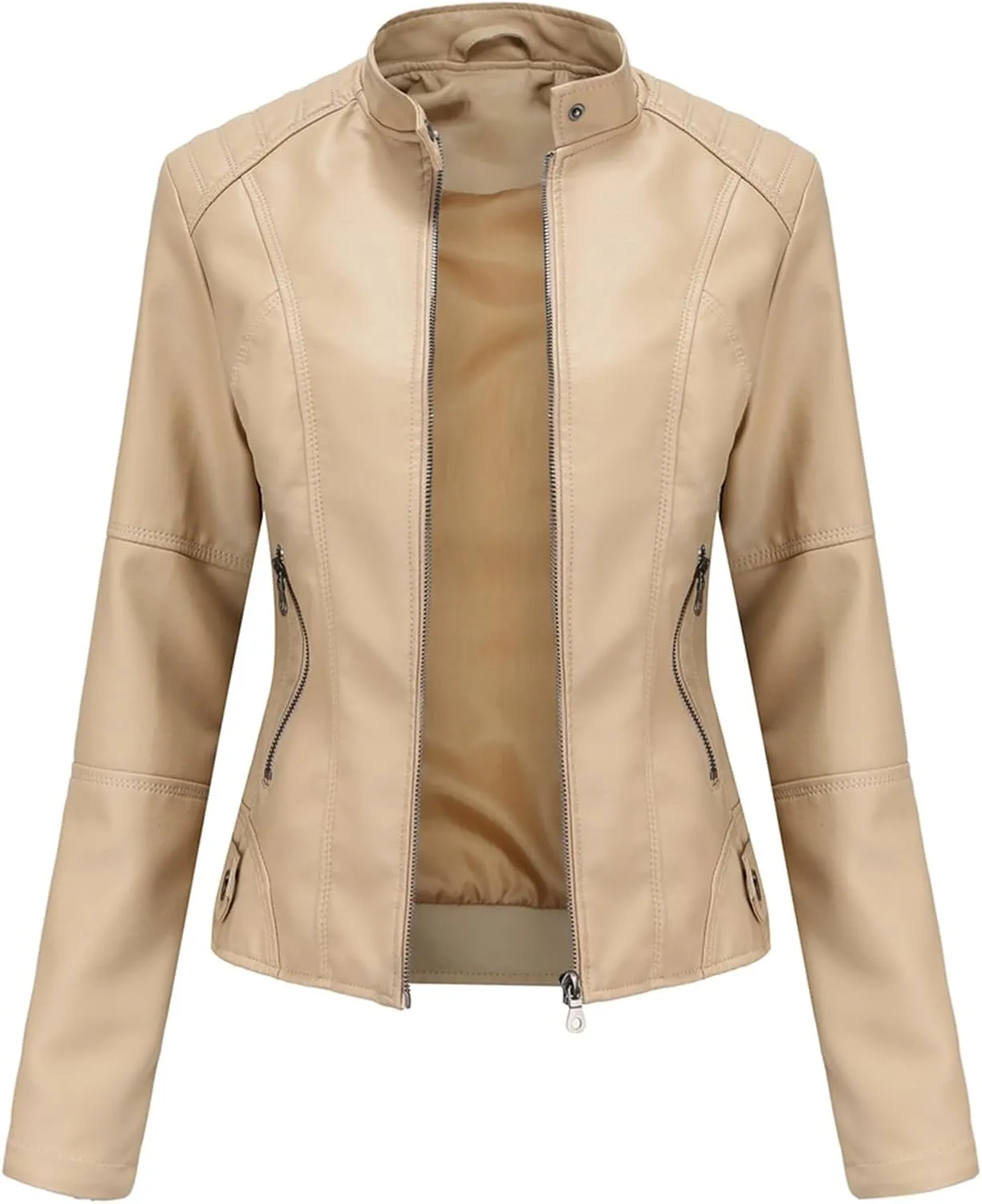 Women's Petite Casual Faux Leather Cropped Jacket Zip up Long Sleeve Moto Biker Coat, Faux Leather Jacket