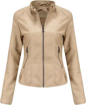 Women's Petite Casual Faux Leather Cropped Jacket Zip up Long Sleeve Moto Biker Coat, Faux Leather Jacket