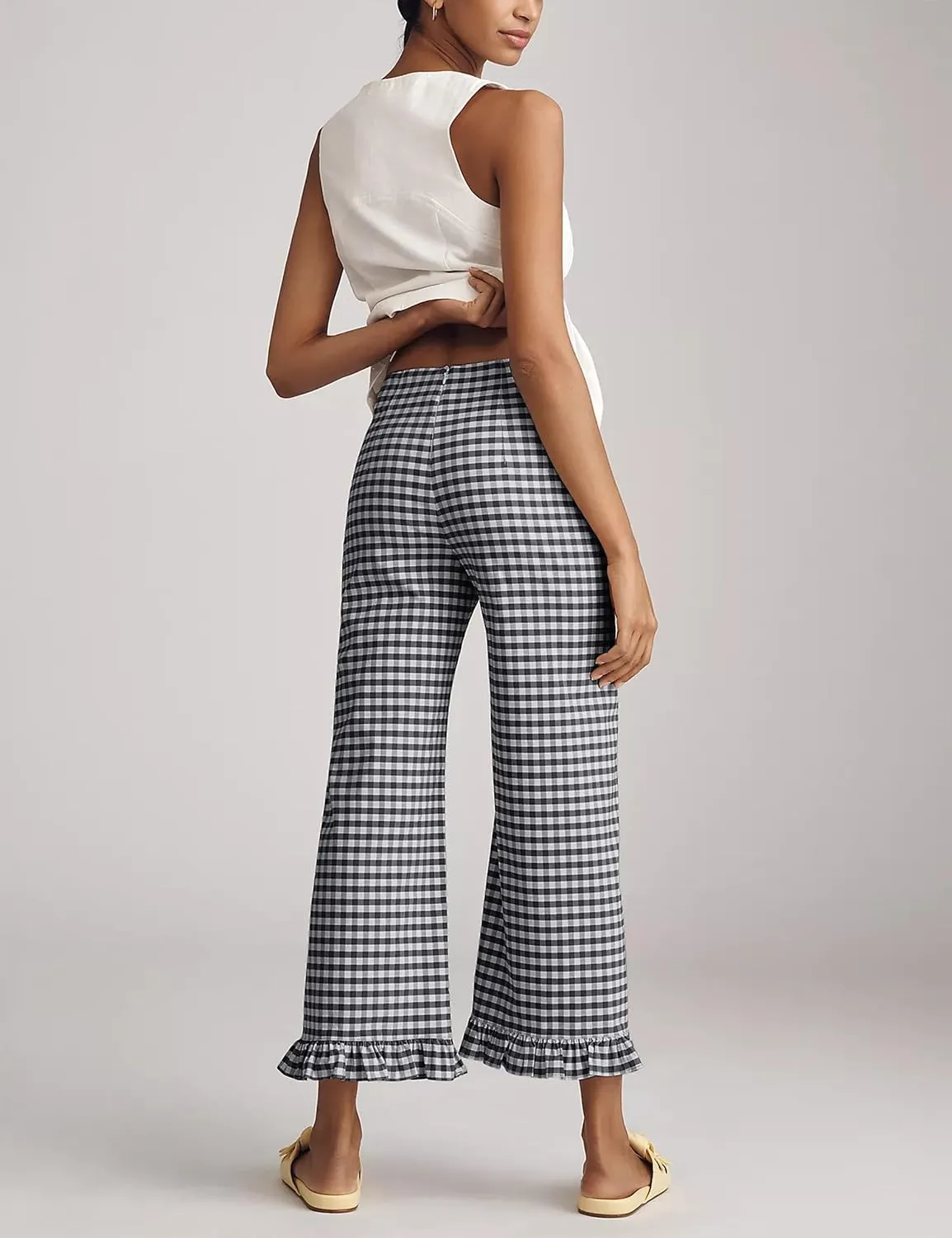 Women's Plaid Flare Pants Summer Casual Gingham Elastic Waist Ruffle Cropped Hem Y2K Loose Fit Trousers with Pockets