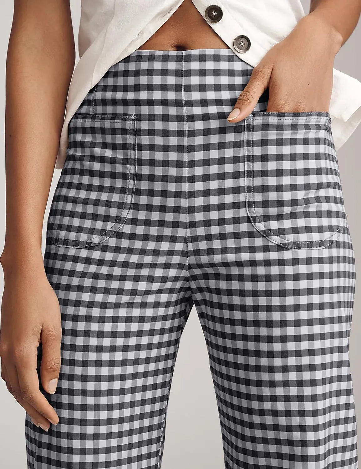 Women's Plaid Flare Pants Summer Casual Gingham Elastic Waist Ruffle Cropped Hem Y2K Loose Fit Trousers with Pockets