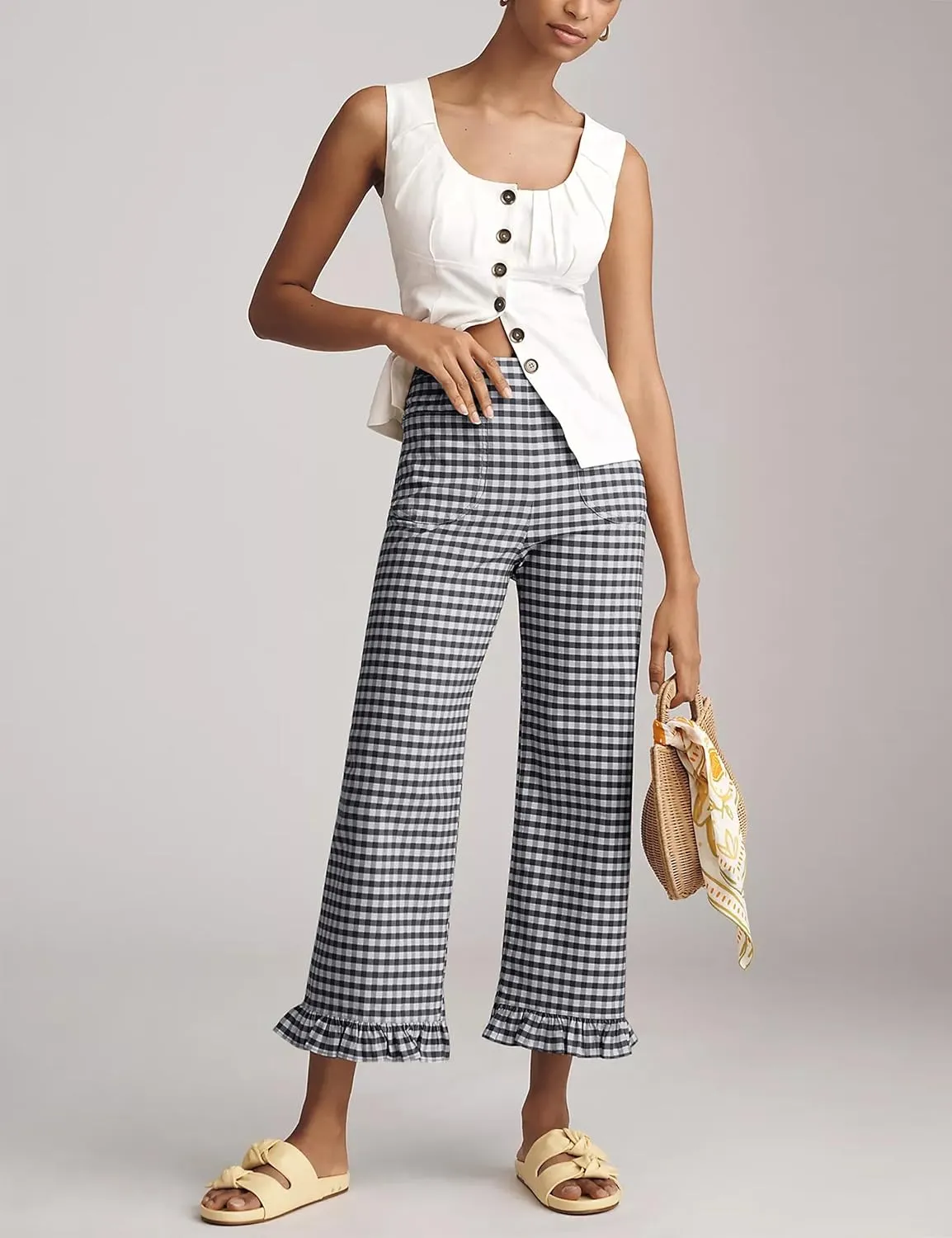 Women's Plaid Flare Pants Summer Casual Gingham Elastic Waist Ruffle Cropped Hem Y2K Loose Fit Trousers with Pockets
