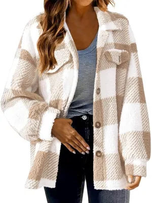 Womens Plaid Fleece Shacket Jacket Oversized Trendy Plaid Flannel Jacket Button Down Fall Winter Warm Hoodie Coat Cardigan