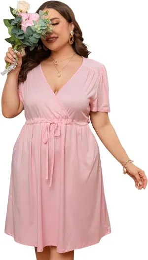 Women's Plus Size Long Sleeve Dresses Wrap Drawstring V Neck High Waist Dress FlowyA Line Midi Dress