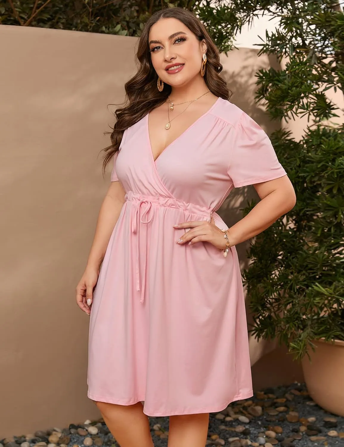Women's Plus Size Long Sleeve Dresses Wrap Drawstring V Neck High Waist Dress FlowyA Line Midi Dress