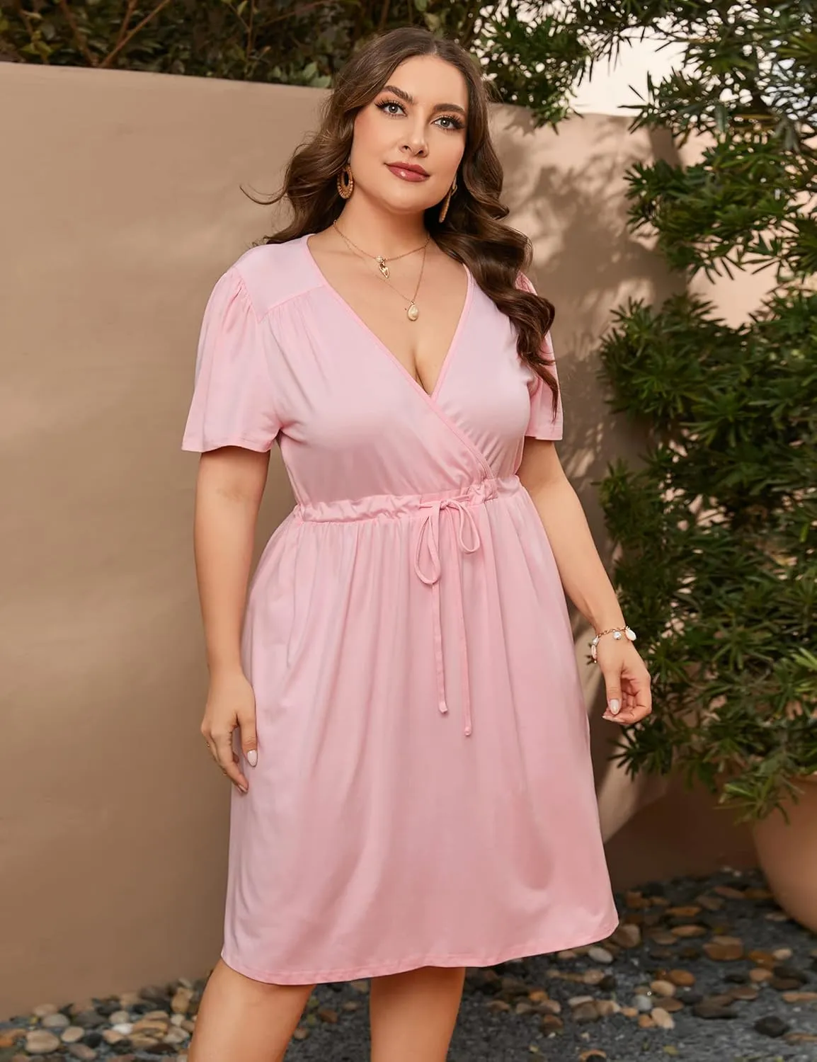 Women's Plus Size Long Sleeve Dresses Wrap Drawstring V Neck High Waist Dress FlowyA Line Midi Dress