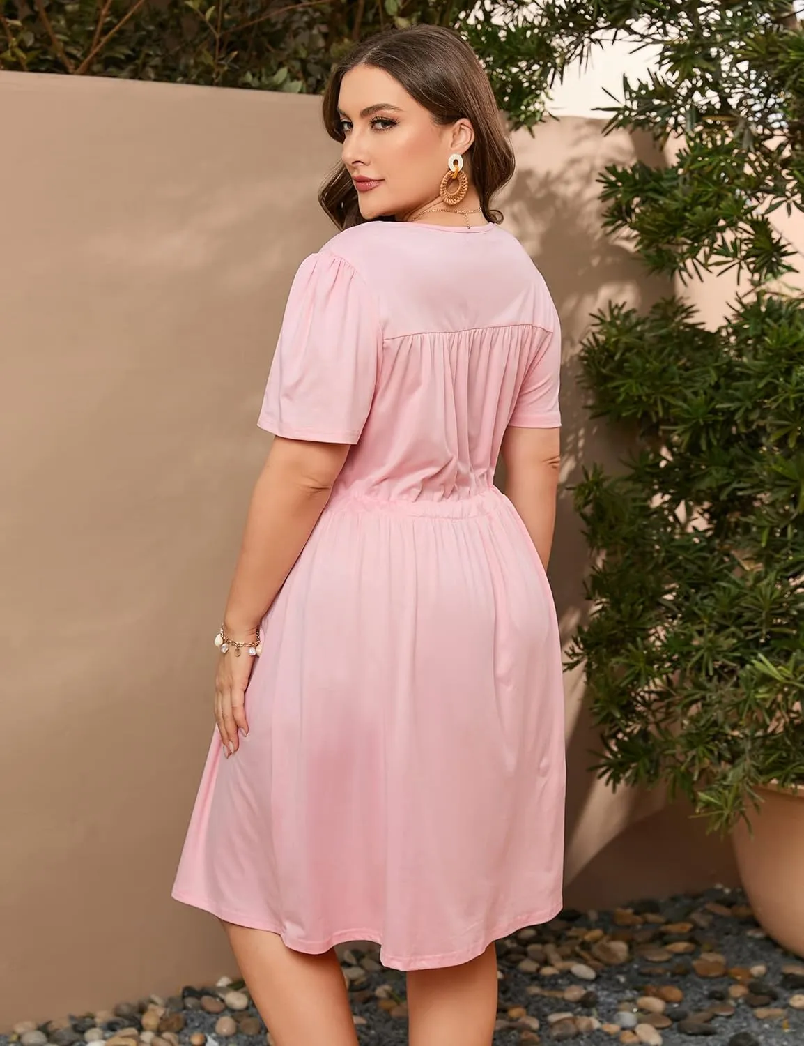 Women's Plus Size Long Sleeve Dresses Wrap Drawstring V Neck High Waist Dress FlowyA Line Midi Dress
