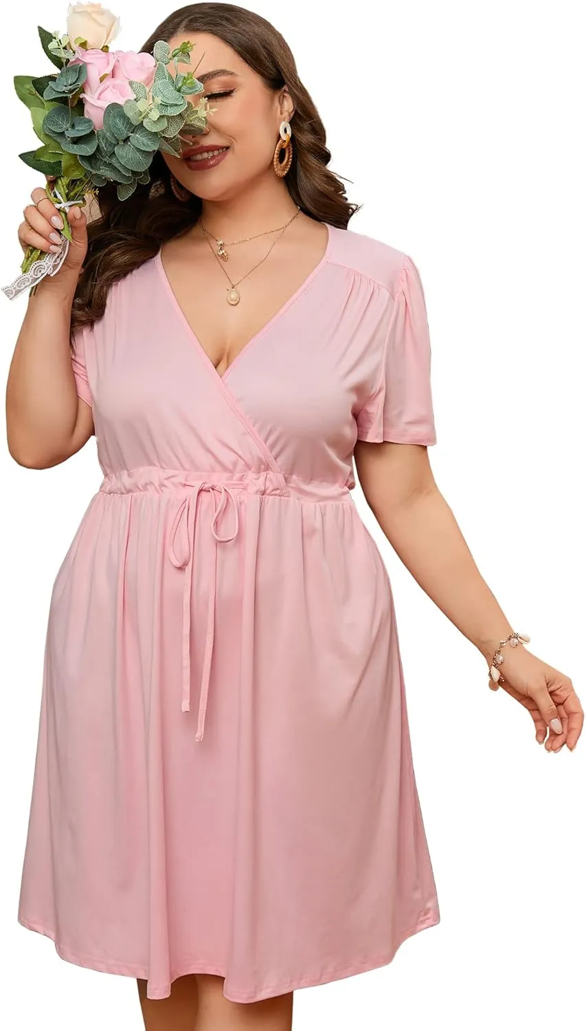 Women's Plus Size Long Sleeve Dresses Wrap Drawstring V Neck High Waist Dress FlowyA Line Midi Dress