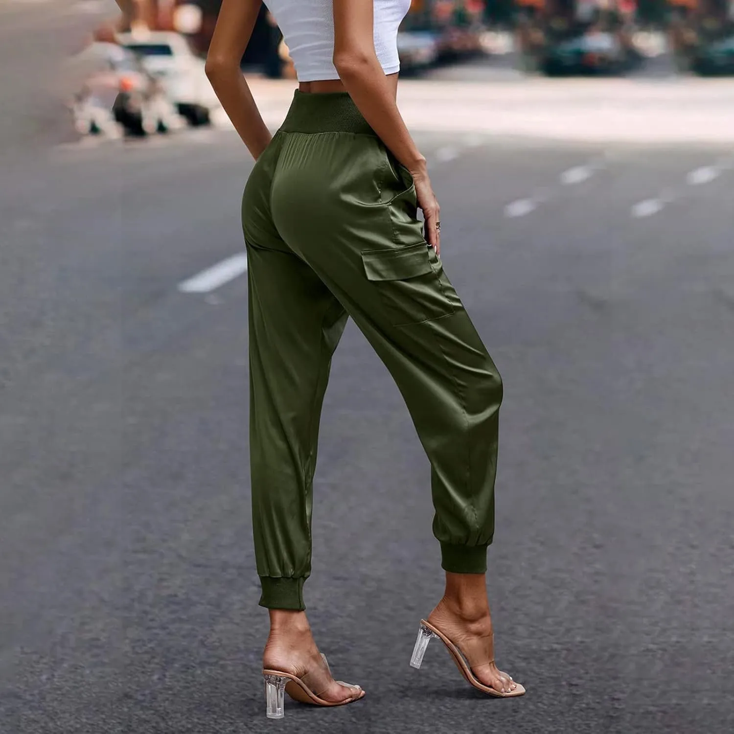Womens Satin Jogger Pants Casual High Waist Pull on Lounge Trousers Casual Ankle Length Silky Satin Cargo Pants