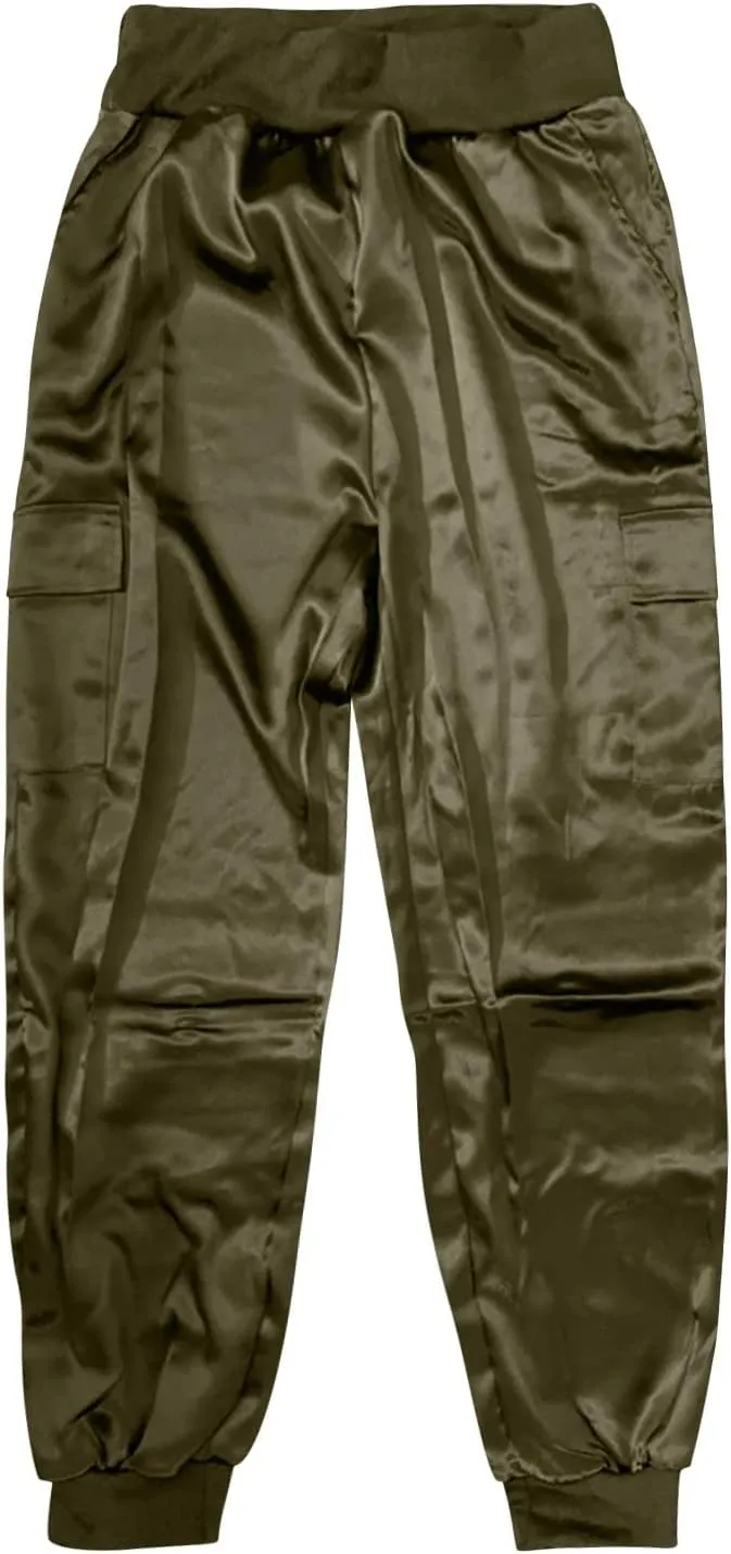 Womens Satin Jogger Pants Casual High Waist Pull on Lounge Trousers Casual Ankle Length Silky Satin Cargo Pants