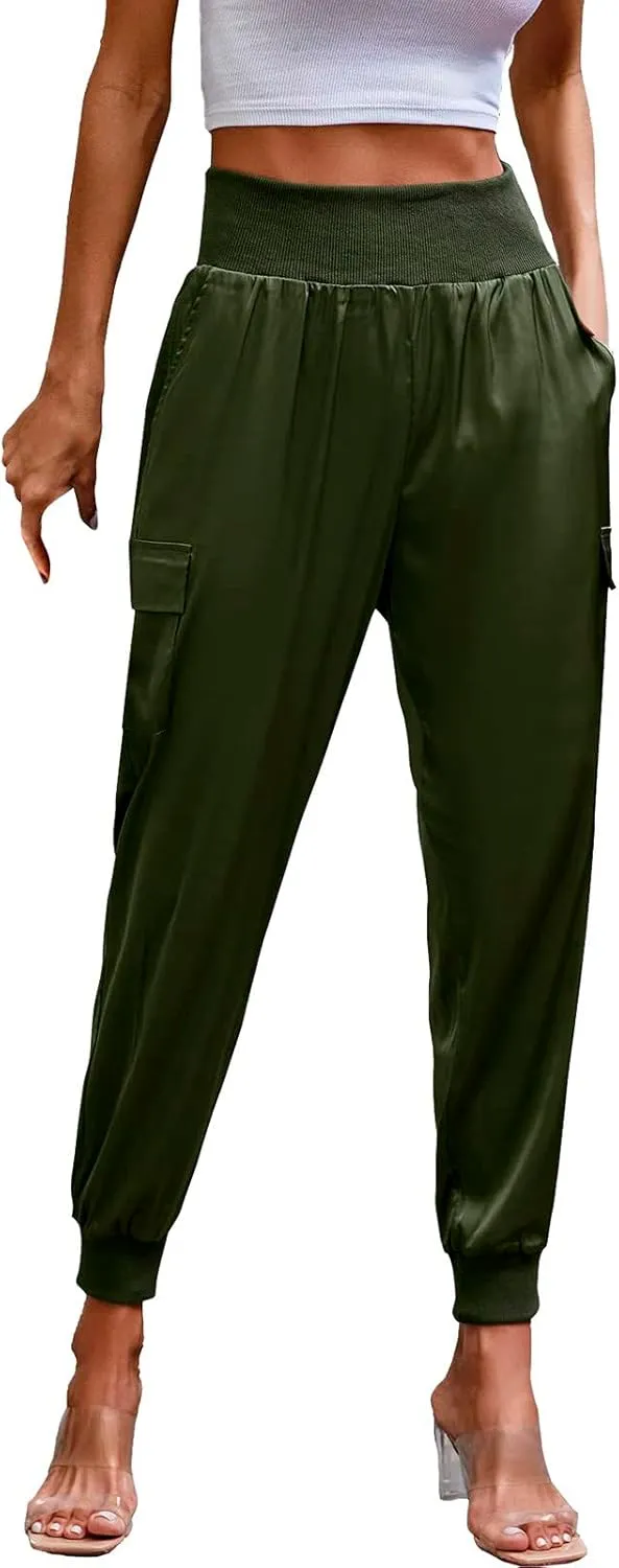 Womens Satin Jogger Pants Casual High Waist Pull on Lounge Trousers Casual Ankle Length Silky Satin Cargo Pants