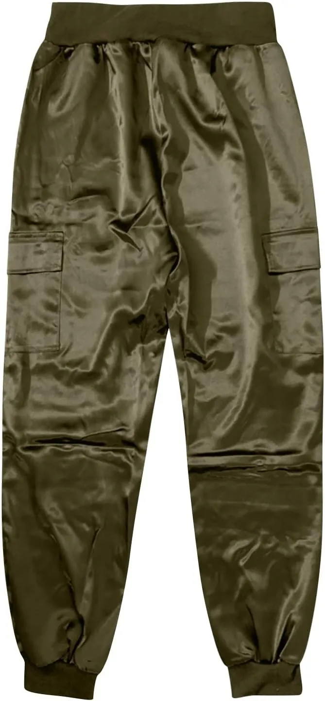 Womens Satin Jogger Pants Casual High Waist Pull on Lounge Trousers Casual Ankle Length Silky Satin Cargo Pants
