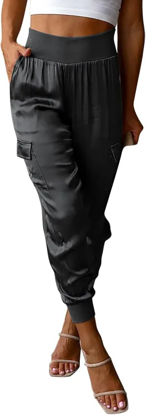 Womens Satin Jogger Pants Casual High Waist Pull on Lounge Trousers Casual Ankle Length Silky Satin Cargo Pants
