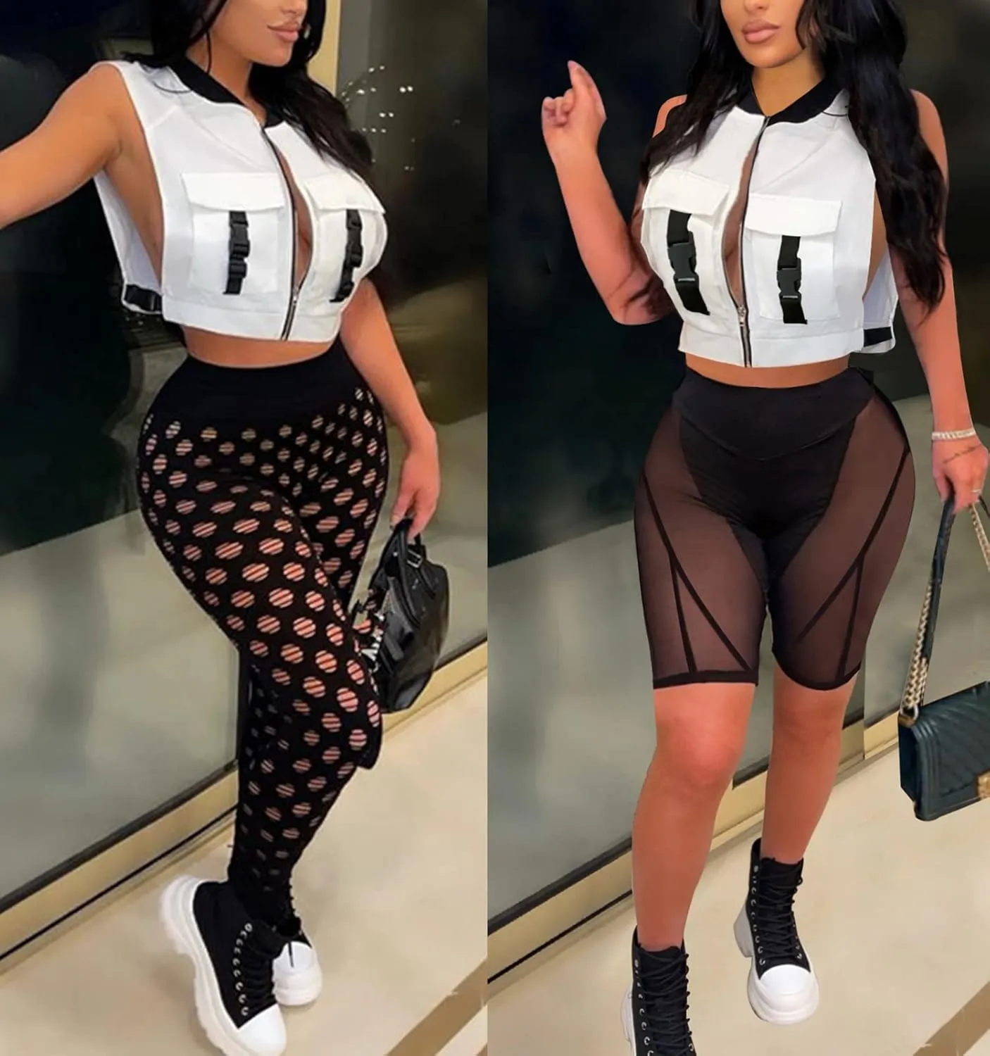 Women's Sexy Crop Cargo Vest Sleeveless Buckle Zip Up Vest Jacket Tops Steampunk Streetwear with Pockets