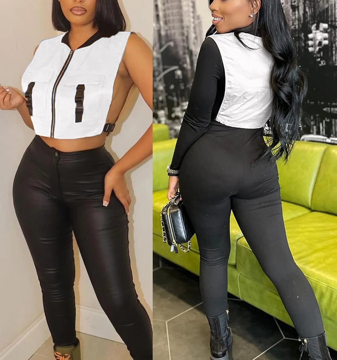 Women's Sexy Crop Cargo Vest Sleeveless Buckle Zip Up Vest Jacket Tops Steampunk Streetwear with Pockets
