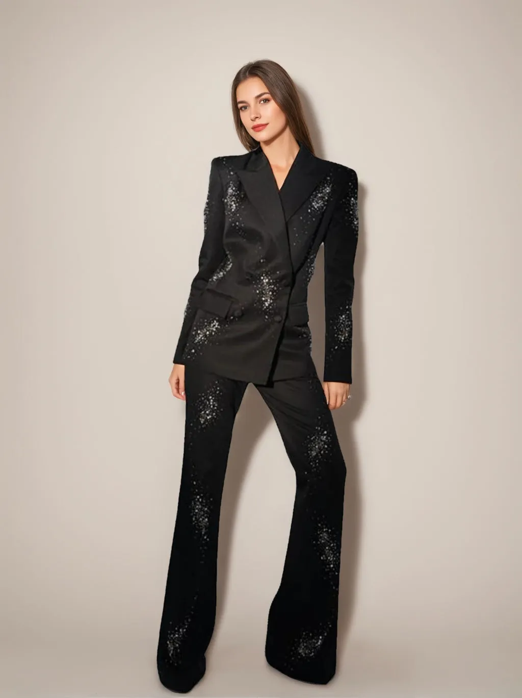 Women's Sparkly Black Double-Breasted Peak Lapel Suits
