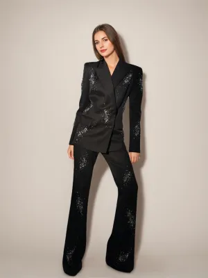 Women's Sparkly Black Double-Breasted Peak Lapel Suits