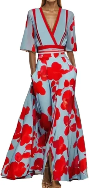Womens Spring Floral Printed Maxi Dress 2025 Elegant Vneck Belted Summer Wedding Prom Cocktail Beach Tie Front Dresses