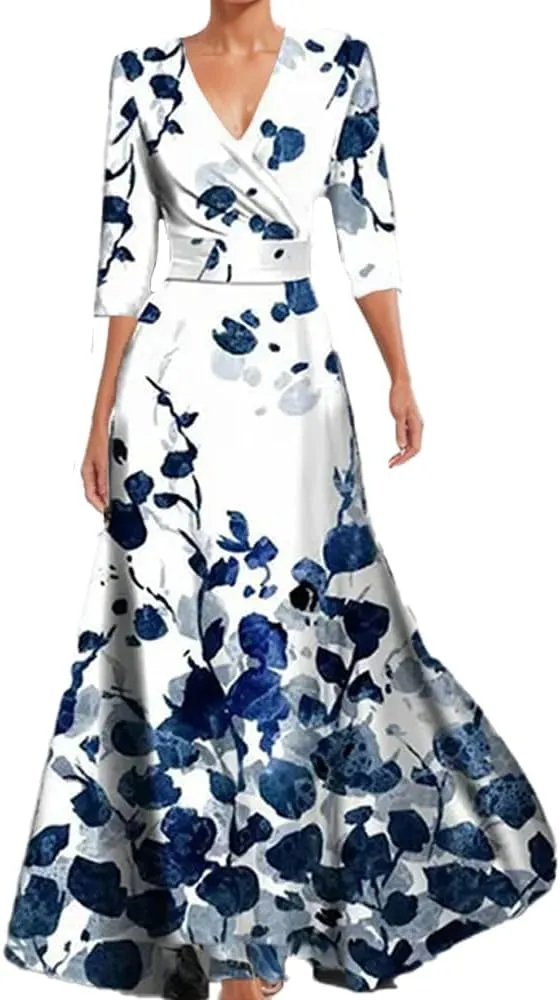 Womens Spring Floral Printed Maxi Dress 2025 Elegant Vneck Belted Summer Wedding Prom Cocktail Beach Tie Front Dresses