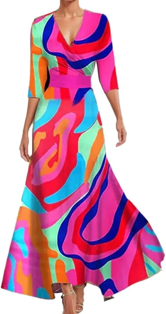 Womens Spring Floral Printed Maxi Dress 2025 Elegant Vneck Belted Summer Wedding Prom Cocktail Beach Tie Front Dresses
