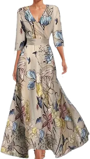 Womens Spring Floral Printed Maxi Dress 2025 Elegant Vneck Belted Summer Wedding Prom Cocktail Beach Tie Front Dresses