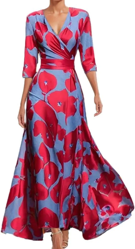 Womens Spring Floral Printed Maxi Dress 2025 Elegant Vneck Belted Summer Wedding Prom Cocktail Beach Tie Front Dresses