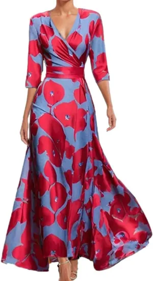 Womens Spring Floral Printed Maxi Dress 2025 Elegant Vneck Belted Summer Wedding Prom Cocktail Beach Tie Front Dresses