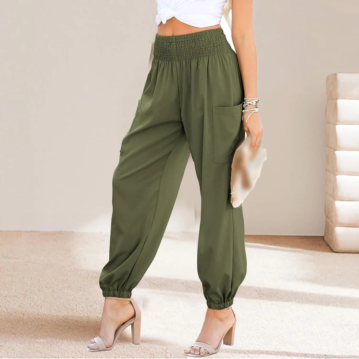 Womens Summer Boho Business Casual Smocked 2025 High Waisted Cargo Pants Harem Pants Yoga Trousers with Pockets