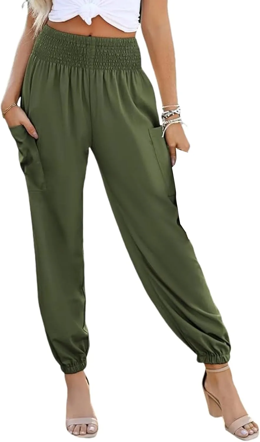 Womens Summer Boho Business Casual Smocked 2025 High Waisted Cargo Pants Harem Pants Yoga Trousers with Pockets