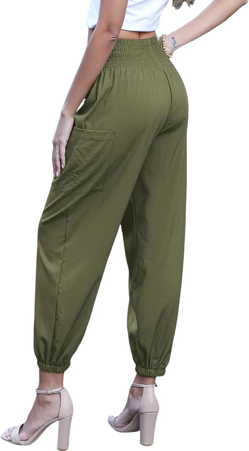 Womens Summer Boho Business Casual Smocked 2025 High Waisted Cargo Pants Harem Pants Yoga Trousers with Pockets
