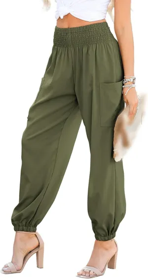 Womens Summer Boho Business Casual Smocked 2025 High Waisted Cargo Pants Harem Pants Yoga Trousers with Pockets