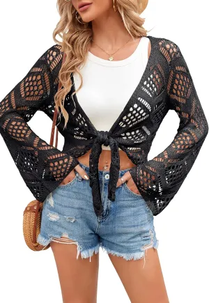 Womens Summer Boho Tops Sheer Crochet Coverup Beach Bathing Swimsuit Cover Ups Shrugs Crop Swimwear Outfits