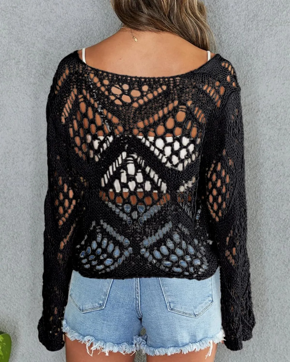 Womens Summer Boho Tops Sheer Crochet Coverup Beach Bathing Swimsuit Cover Ups Shrugs Crop Swimwear Outfits