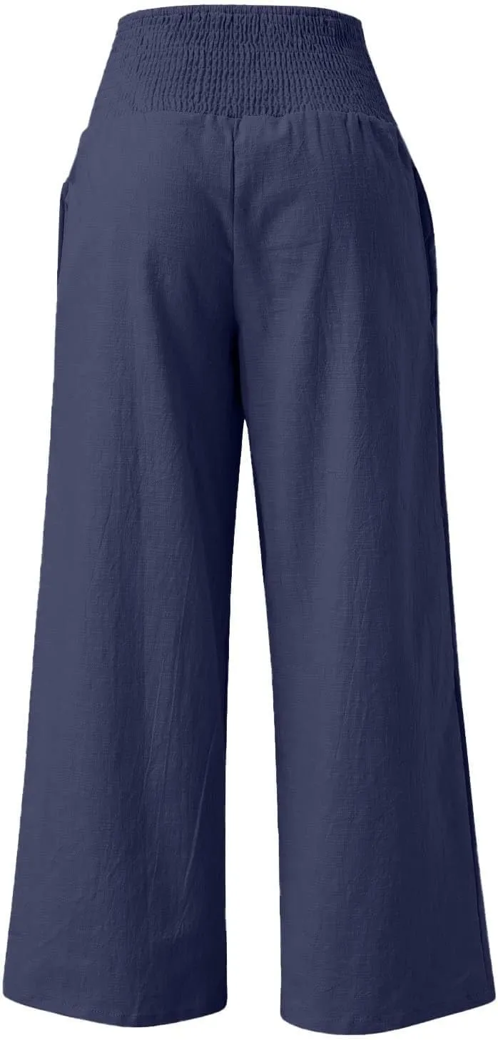 Womens Summer Cotton Linen Palazzo Pants Casual Drawstring Elastic Waist Wide Leg Trousers Beach Vacation Outfits