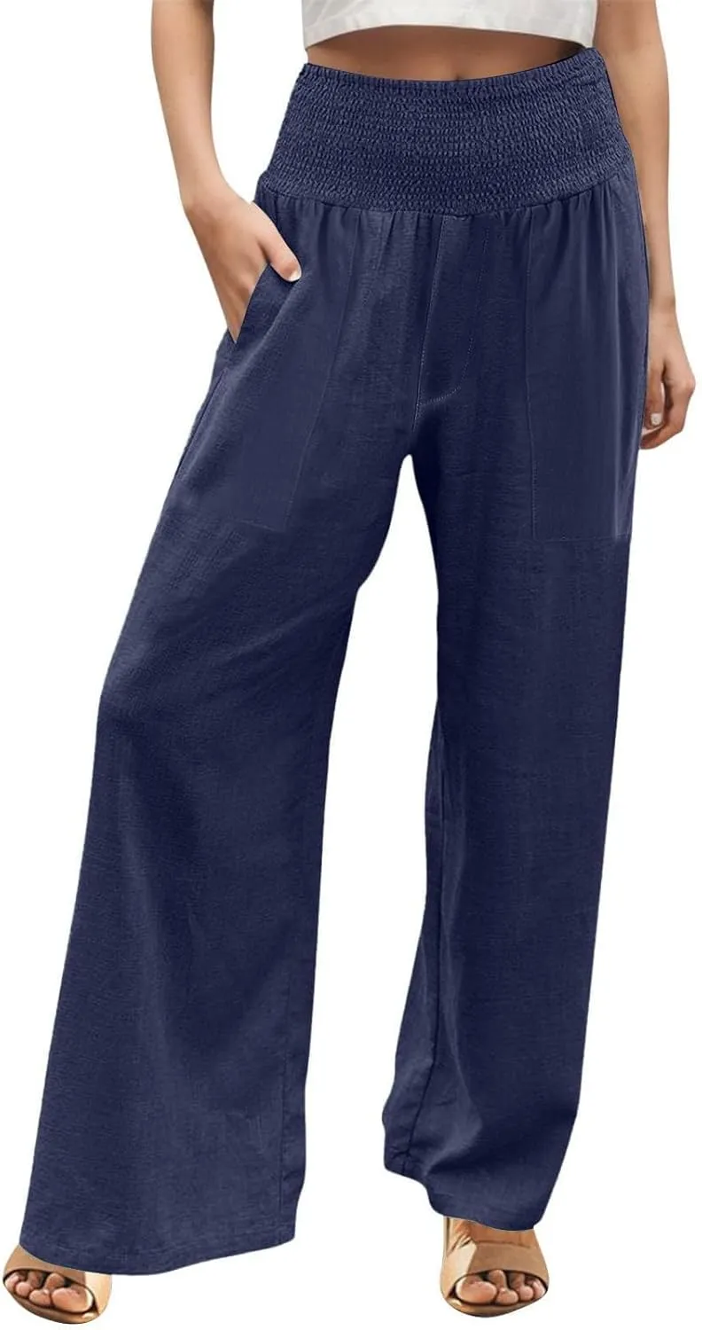 Womens Summer Cotton Linen Palazzo Pants Casual Drawstring Elastic Waist Wide Leg Trousers Beach Vacation Outfits