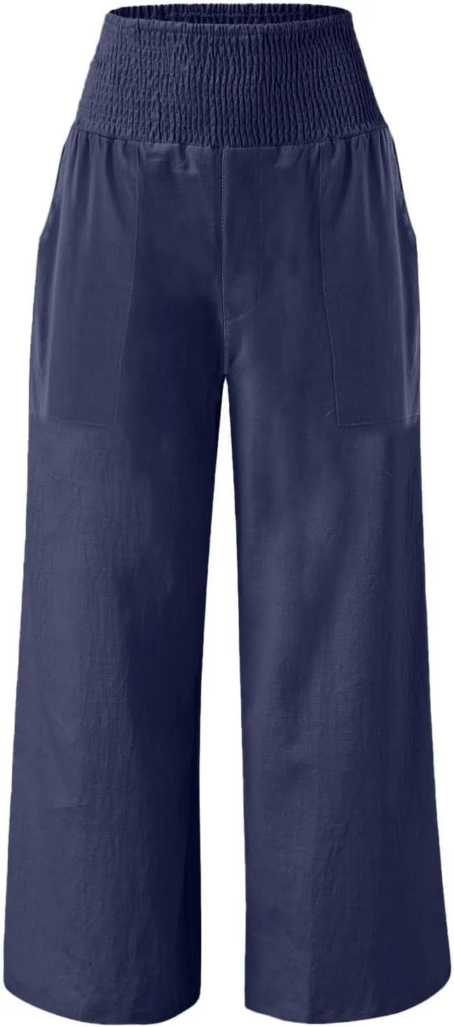 Womens Summer Cotton Linen Palazzo Pants Casual Drawstring Elastic Waist Wide Leg Trousers Beach Vacation Outfits