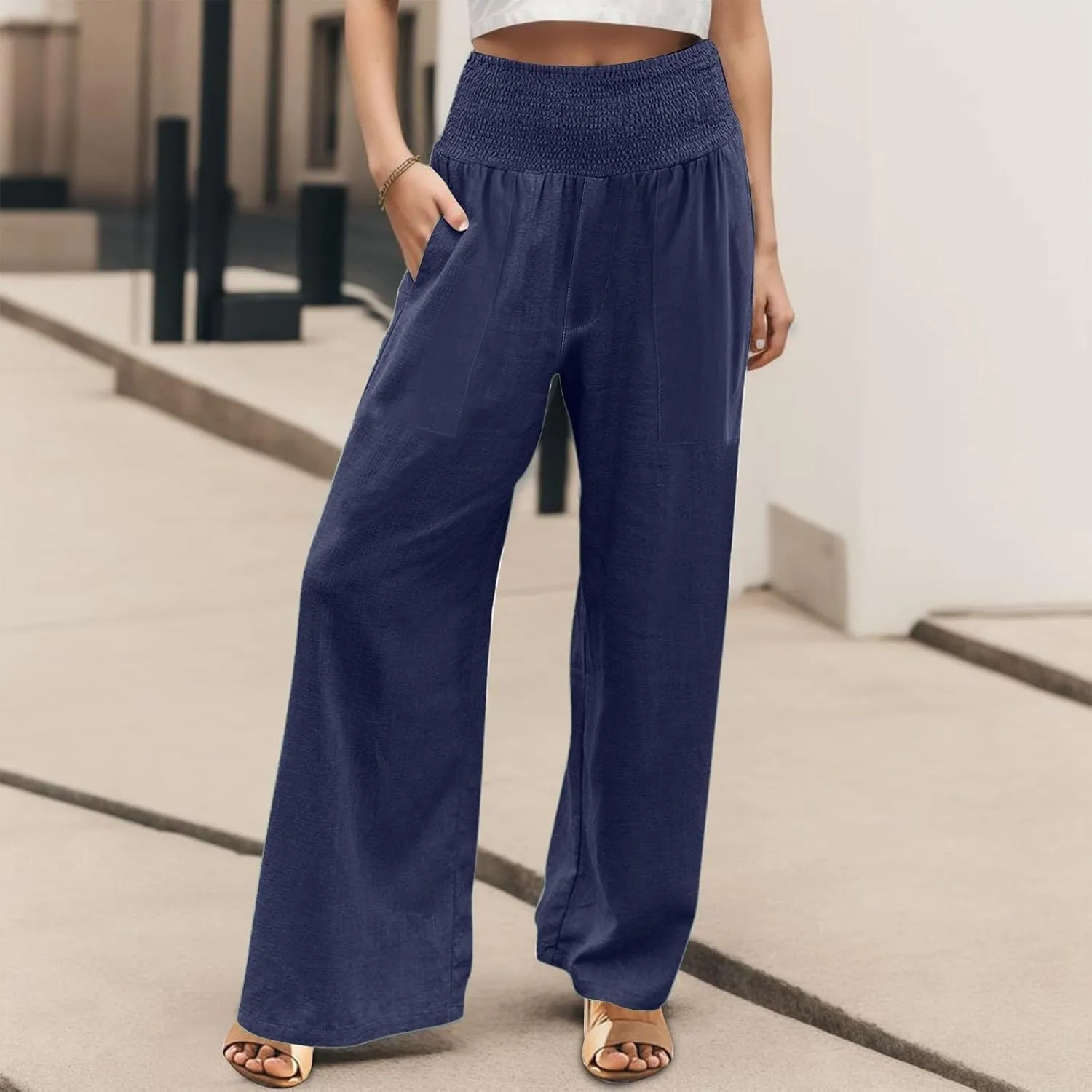 Womens Summer Cotton Linen Palazzo Pants Casual Drawstring Elastic Waist Wide Leg Trousers Beach Vacation Outfits