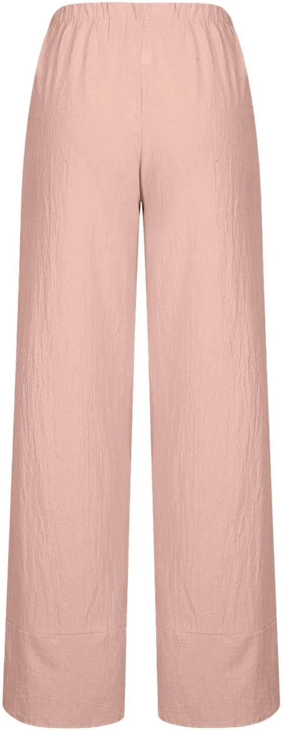 Womens Summer Cotton Linen Pants Trendy 2024 Elastic High Waist Casual Beach Pants Loose Cropped Lounge Trousers