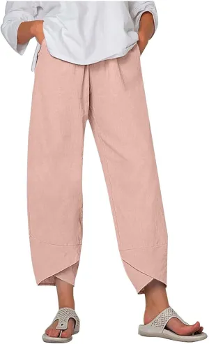 Womens Summer Cotton Linen Pants Trendy 2024 Elastic High Waist Casual Beach Pants Loose Cropped Lounge Trousers