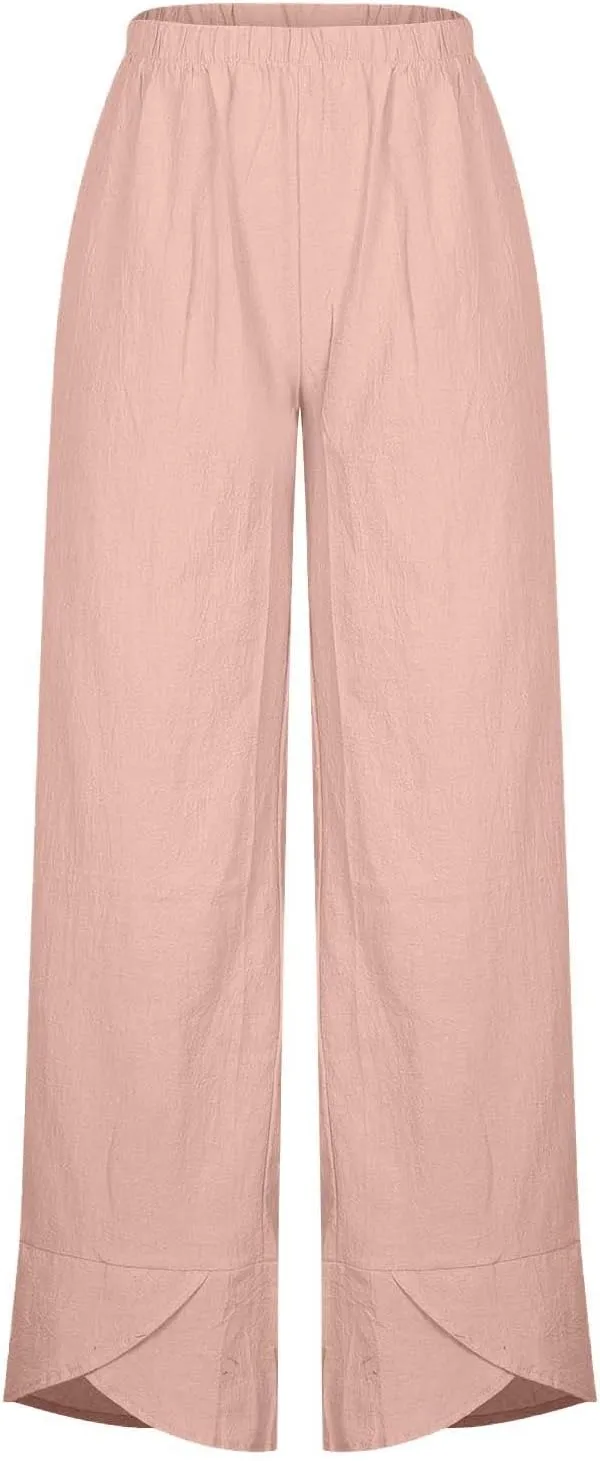 Womens Summer Cotton Linen Pants Trendy 2024 Elastic High Waist Casual Beach Pants Loose Cropped Lounge Trousers