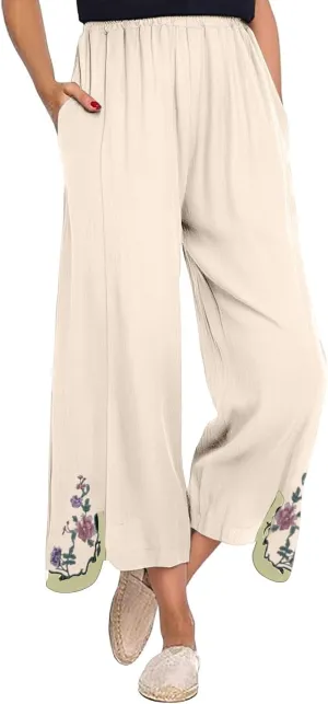 Women's Summer Solid Color Embroidery Linen Wide Leg Pants Elastic Waist Casual Capris Palazzo Trousers with Pockets