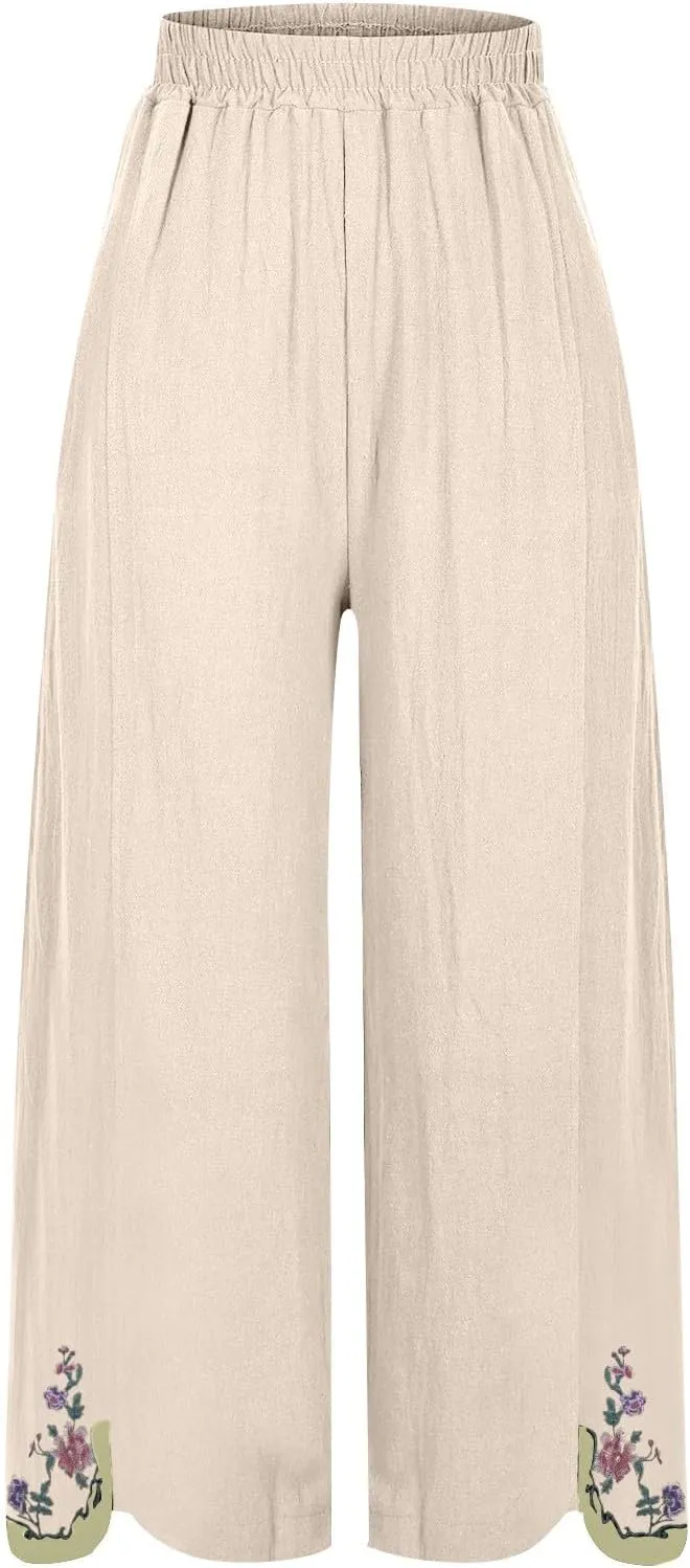 Women's Summer Solid Color Embroidery Linen Wide Leg Pants Elastic Waist Casual Capris Palazzo Trousers with Pockets