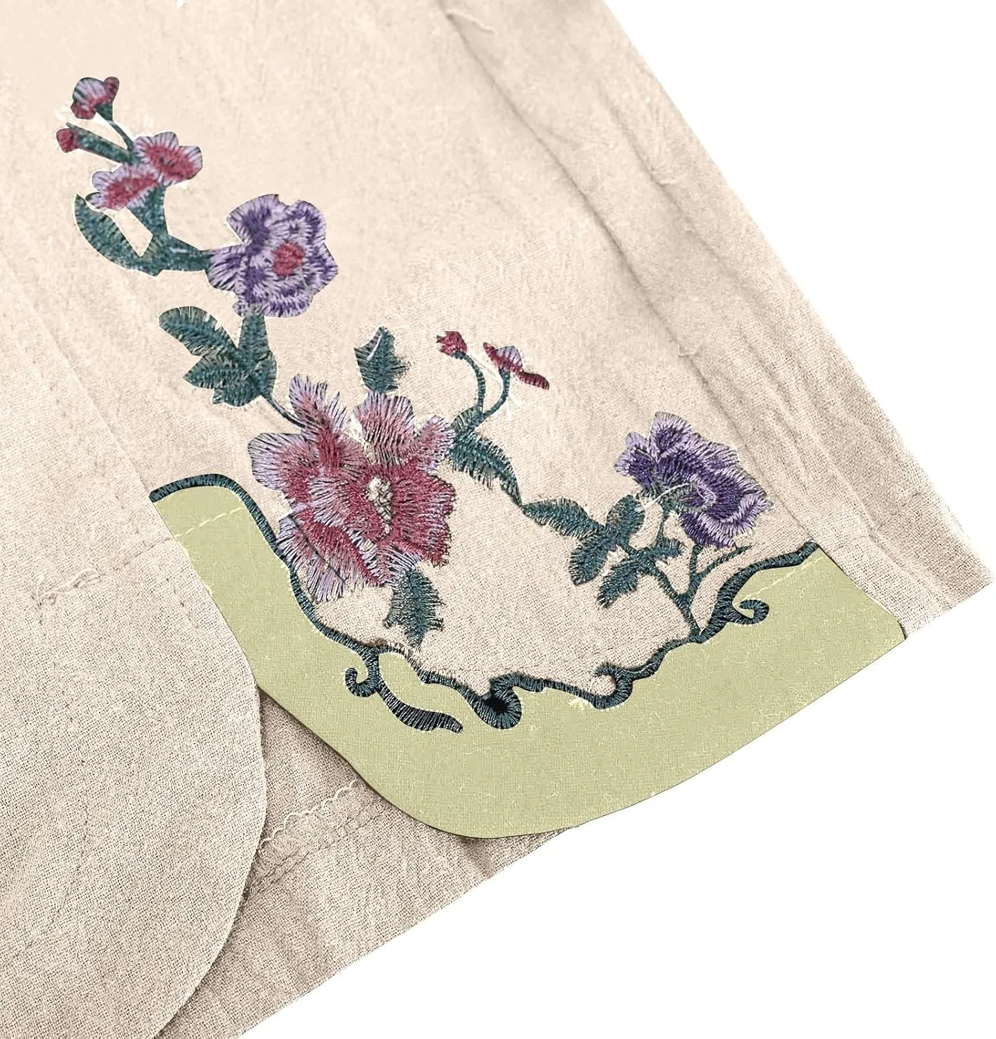 Women's Summer Solid Color Embroidery Linen Wide Leg Pants Elastic Waist Casual Capris Palazzo Trousers with Pockets