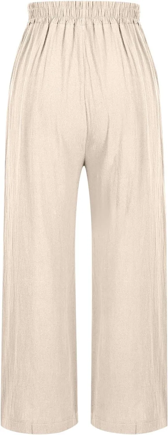 Women's Summer Solid Color Embroidery Linen Wide Leg Pants Elastic Waist Casual Capris Palazzo Trousers with Pockets