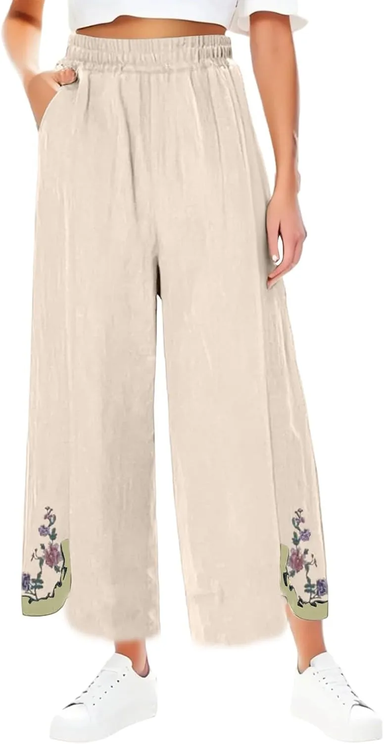 Women's Summer Solid Color Embroidery Linen Wide Leg Pants Elastic Waist Casual Capris Palazzo Trousers with Pockets
