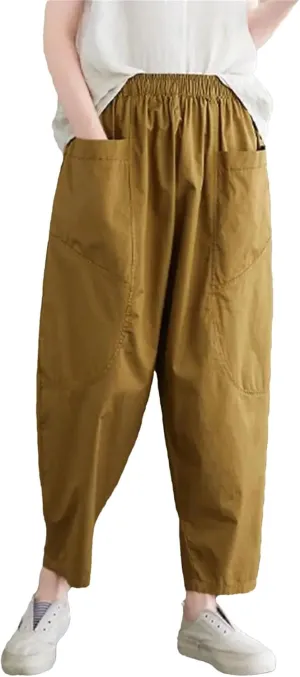 Womens Vintage High Waist Harem Pants Loose Casual Elastic Waisted Beach Trousers with Pockets