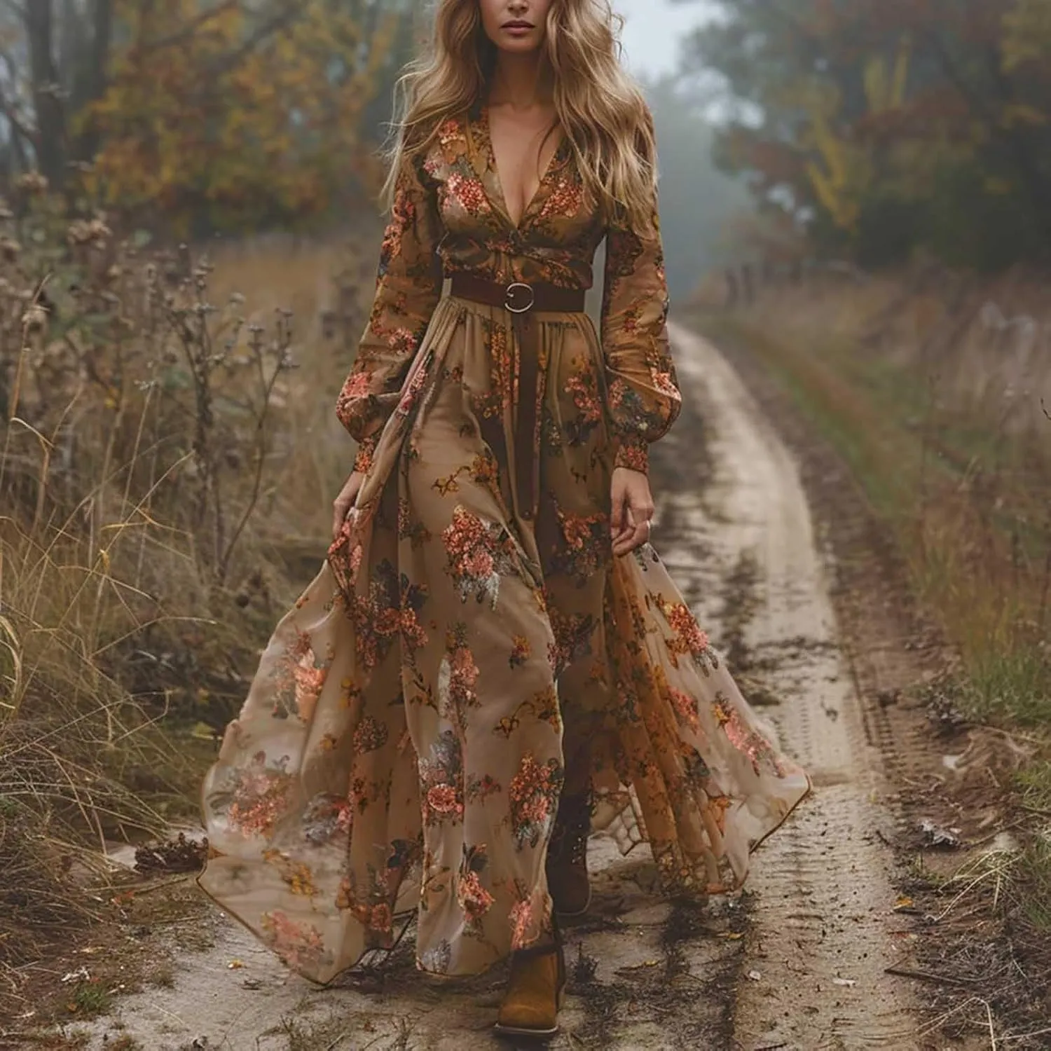 Women's Vintage Pastoral Flower Long Dress Sexy V-Neck Long Sleeve Boho Dresses Spring Summer Casual Maxi Dress