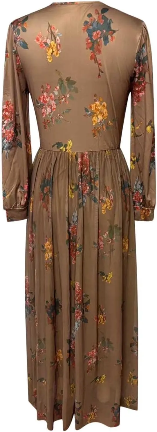 Women's Vintage Pastoral Flower Long Dress Sexy V-Neck Long Sleeve Boho Dresses Spring Summer Casual Maxi Dress