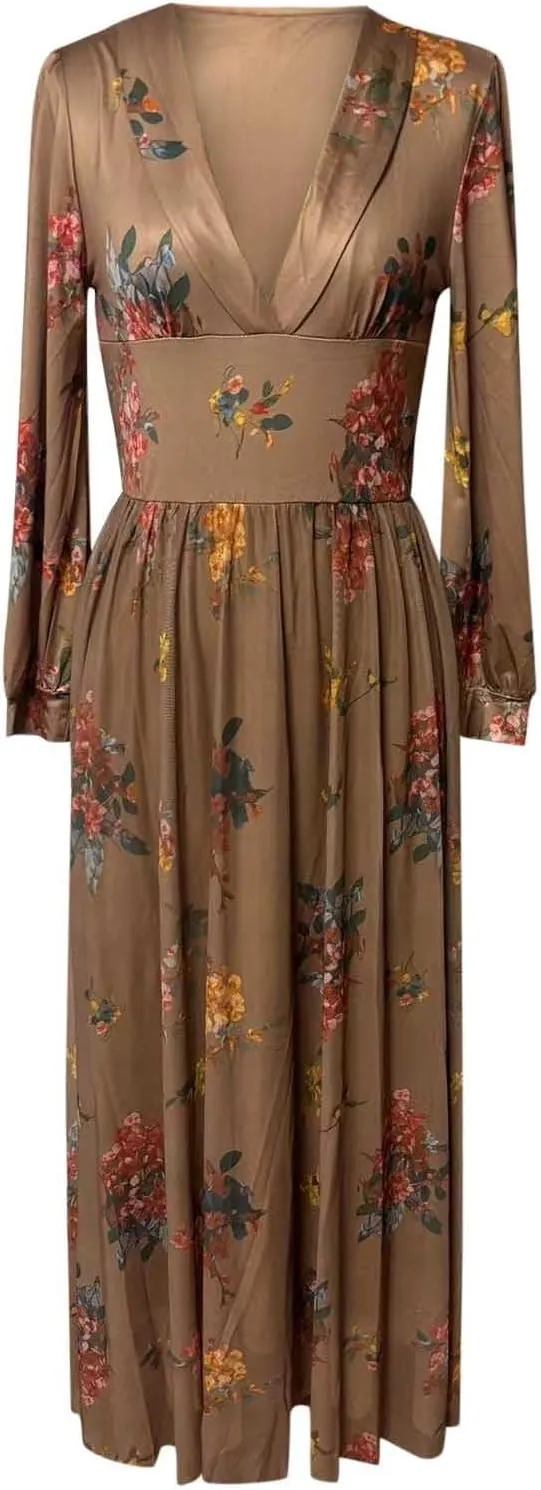 Women's Vintage Pastoral Flower Long Dress Sexy V-Neck Long Sleeve Boho Dresses Spring Summer Casual Maxi Dress