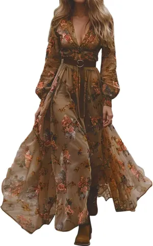 Women's Vintage Pastoral Flower Long Dress Sexy V-Neck Long Sleeve Boho Dresses Spring Summer Casual Maxi Dress