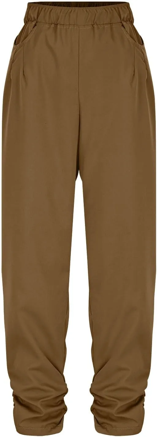 Womens Wide Leg Linen Pants Summer Elastic High Waist Cotton Trouser Lounge Slacks Beach Travel Outfits with Pockets